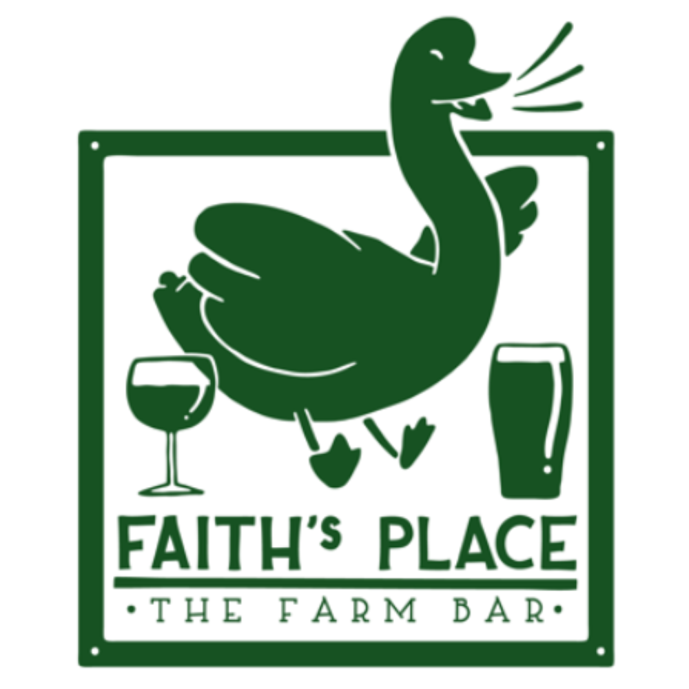 Faith's Place Farm bar logo with quacking duck, wine and beer